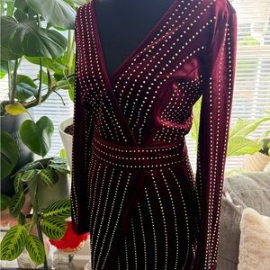 Elegant Burgundy Velvet Dress with Studded Detail